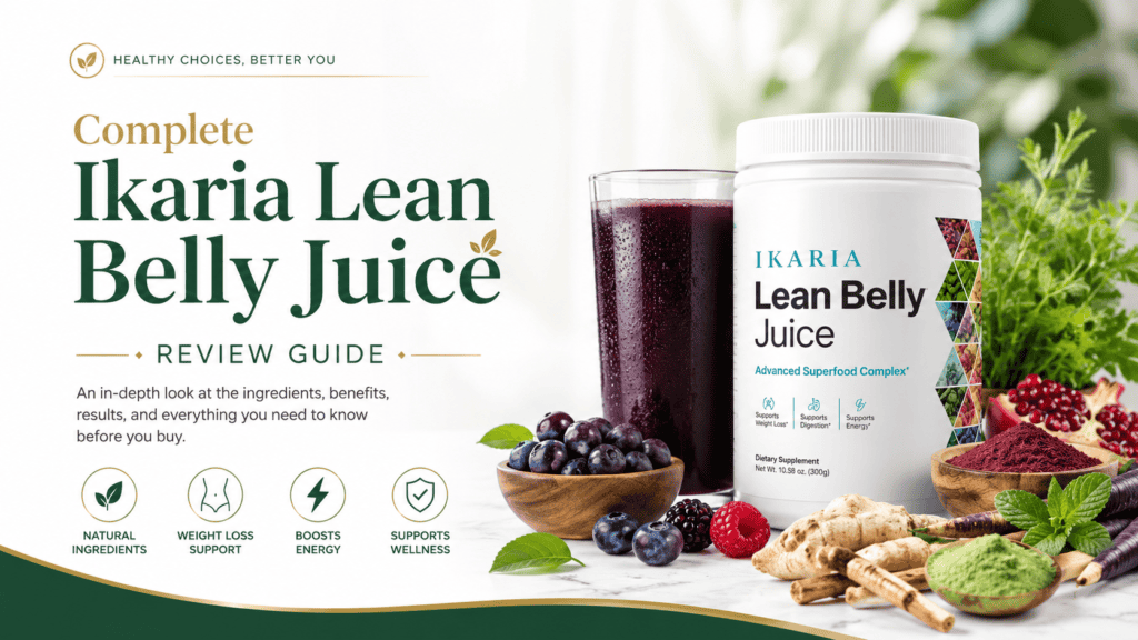 Complete Ikaria Lean Belly Juice review guide hero banner with supplement bottle, berry drink, green leaves, and natural ingredients