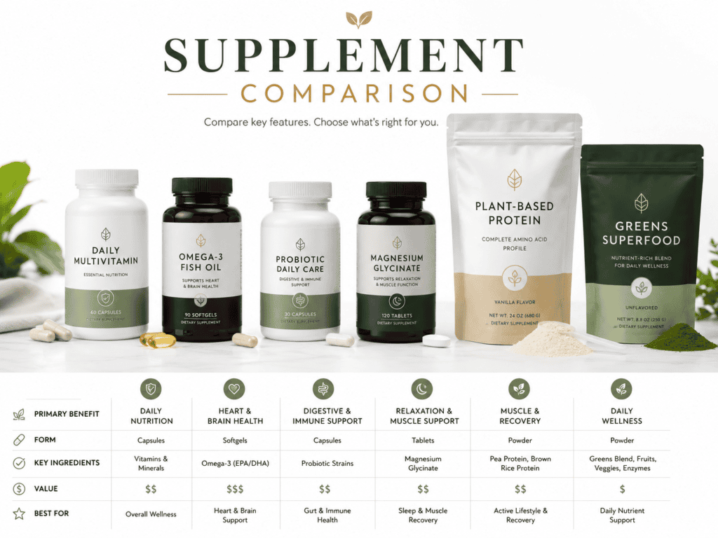 Supplement lineup image showing several generic supplement bottles and pouches on a clean white surface with green gold comparison styling