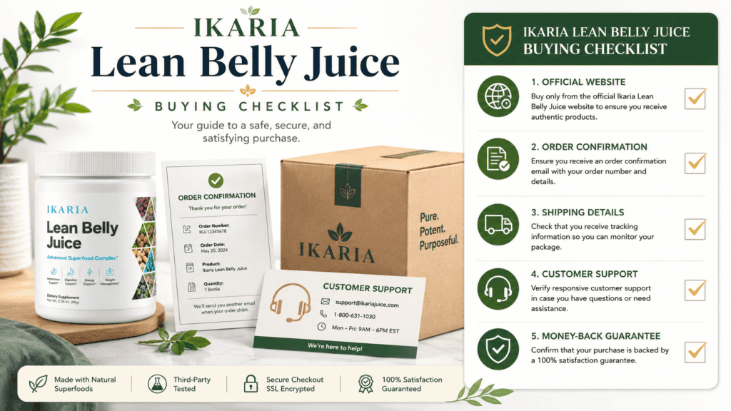 Ikaria Lean Belly Juice buying checklist image with supplement bottle, order confirmation, shipping box, and customer support contact card