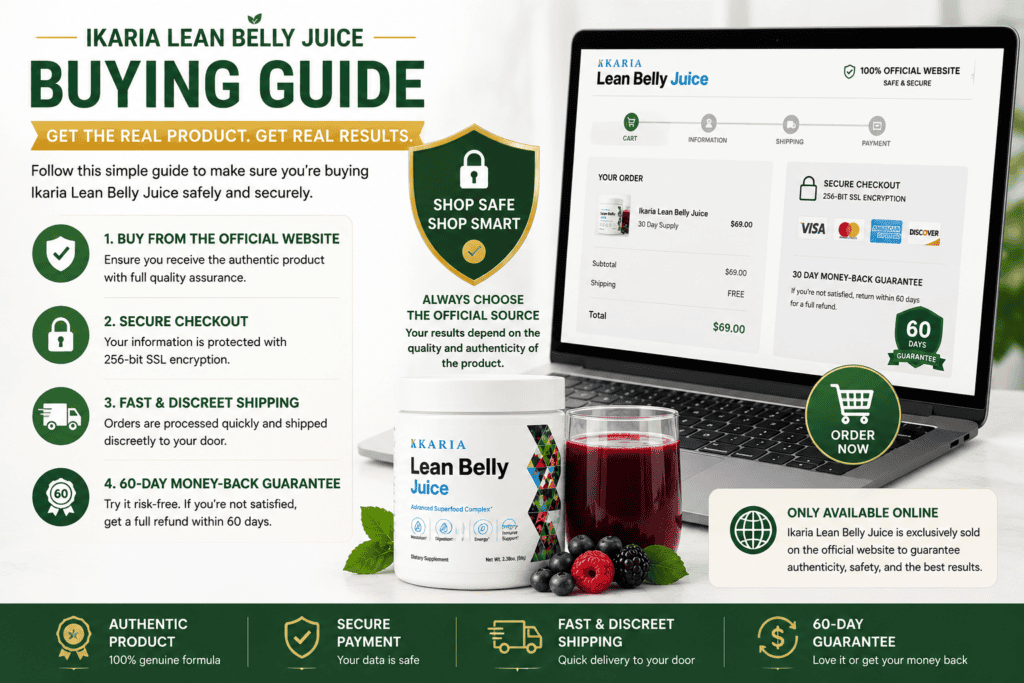 Ikaria Lean Belly Juice buying guide image showing secure checkout, official website concept, shopping cart icon, and supplement bottle