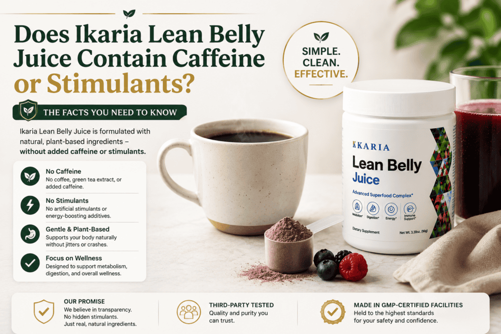 Ikaria Lean Belly Juice caffeine and stimulant question image with coffee cup, supplement scoop, checklist, product bottle, and calm neutral colors