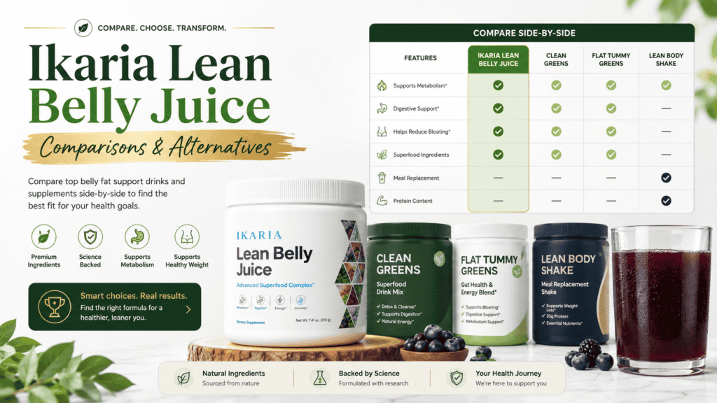 Wide hero banner for Ikaria Lean Belly Juice Comparisons and Alternatives featuring supplement bottles, comparison chart, berry drink, clean white background, and green gold accents
