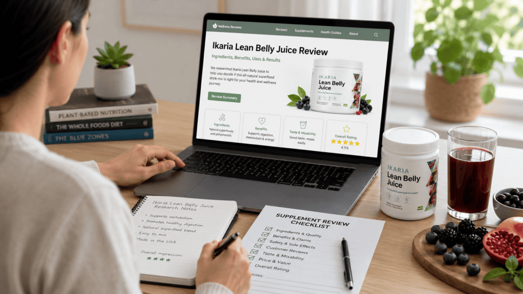 Person researching Ikaria Lean Belly Juice on a laptop with notes, checklist, and supplement bottle nearby