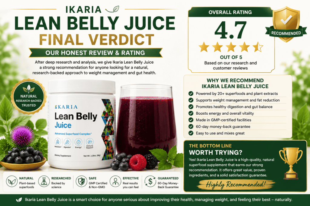 Ikaria Lean Belly Juice final verdict review graphic with supplement bottle, checklist, star rating, and green gold review styling