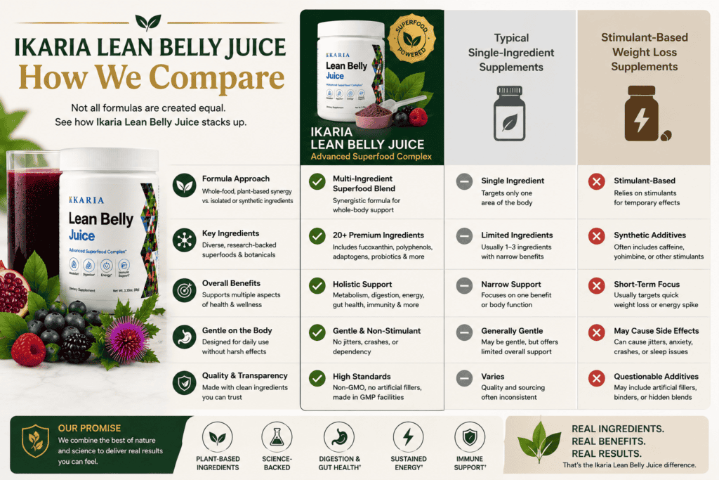 Ikaria Lean Belly Juice formula comparison chart showing ingredient categories compared with other supplement formula styles