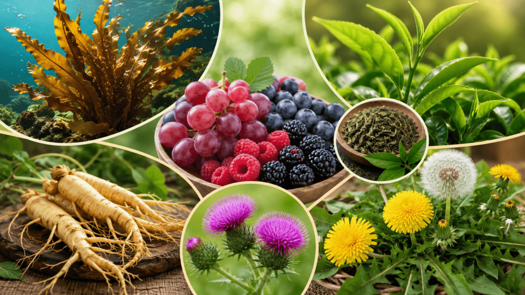 Collage of fucoxanthin seaweed, green tea leaves, resveratrol rich berries, ginseng root, milk thistle, and dandelion taraxacum