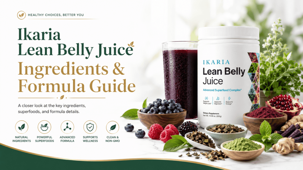 Ikaria Lean Belly Juice Ingredients and Formula Guide hero banner with supplement bottle, berry drink, ingredient bowls, berries, green tea, herbs, and green gold health themed accents