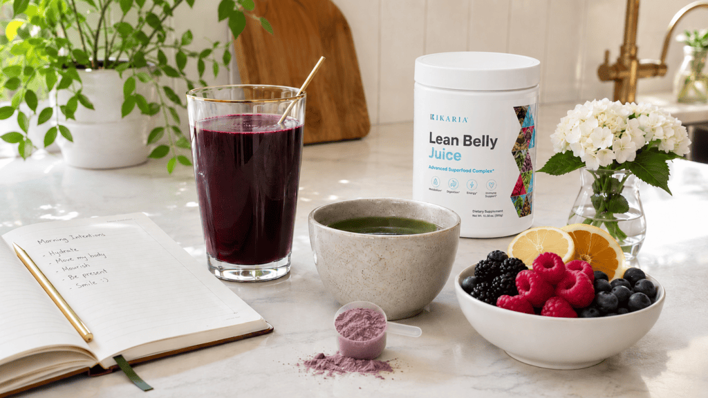Healthy morning routine image with Ikaria Lean Belly Juice container, berry drink, green tea, fruit, notebook, and supplement scoop on a bright kitchen counter