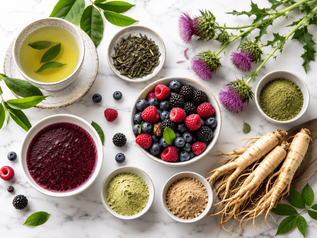 Natural ingredient flat lay with green tea, berries, milk thistle, ginseng, plant powders, and dark berry supplement drink