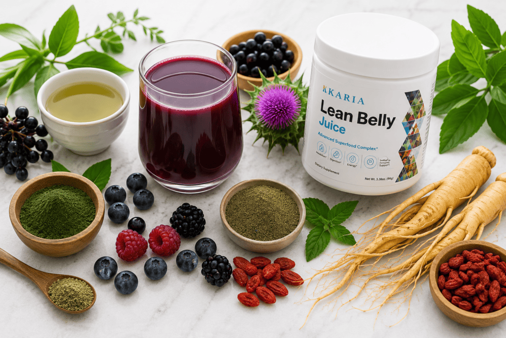 Natural ingredient flat lay with green tea, berries, milk thistle, ginseng, plant powders, and dark berry supplement drink