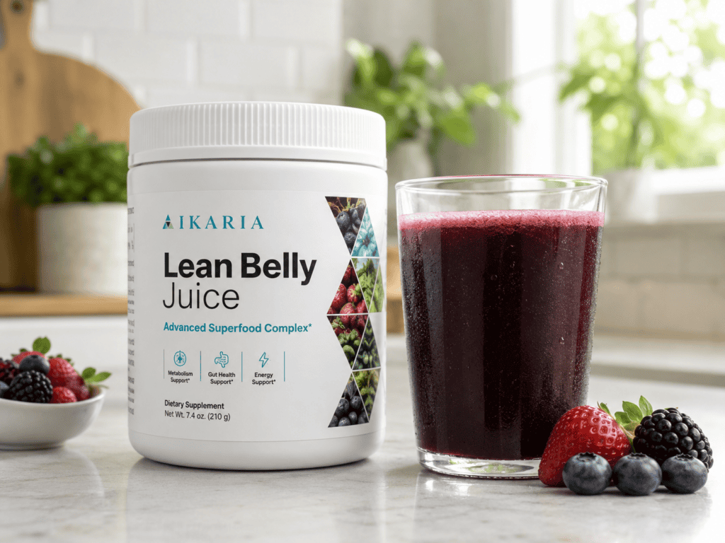 Ikaria Lean Belly Juice bottle next to a glass of mixed berry drink on a clean kitchen counter