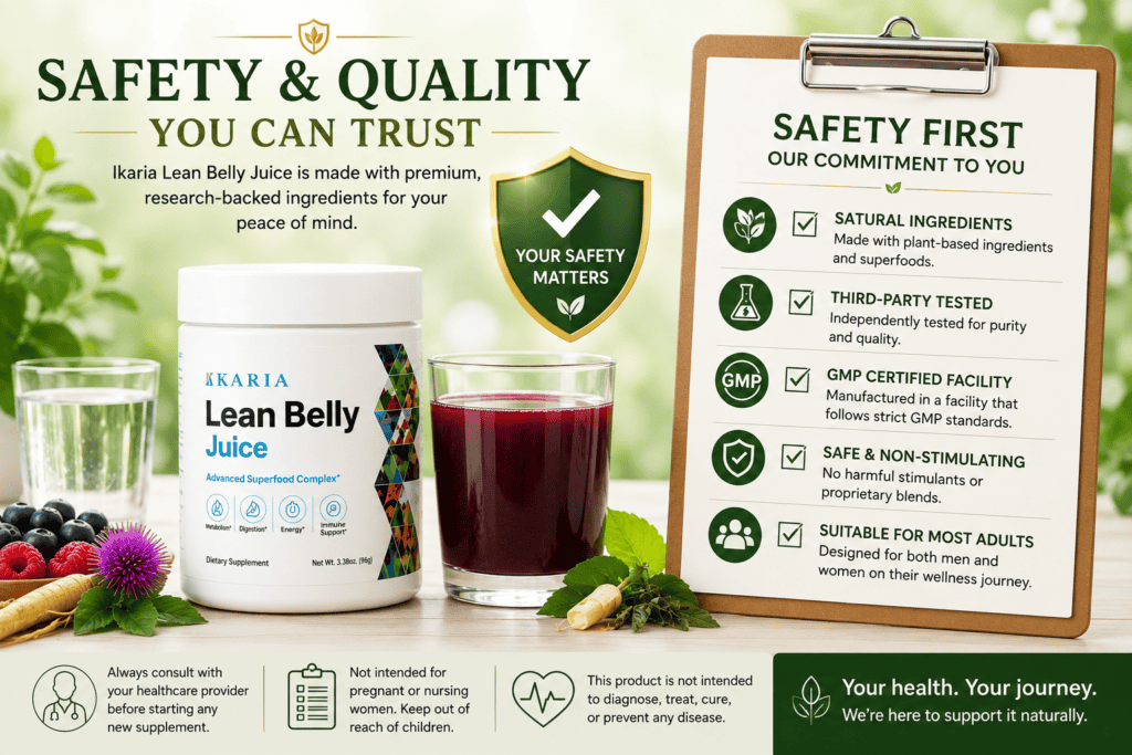 Safety focused Ikaria Lean Belly Juice image with supplement bottle, shield icon, doctor style checklist, glass of water, and soft green background