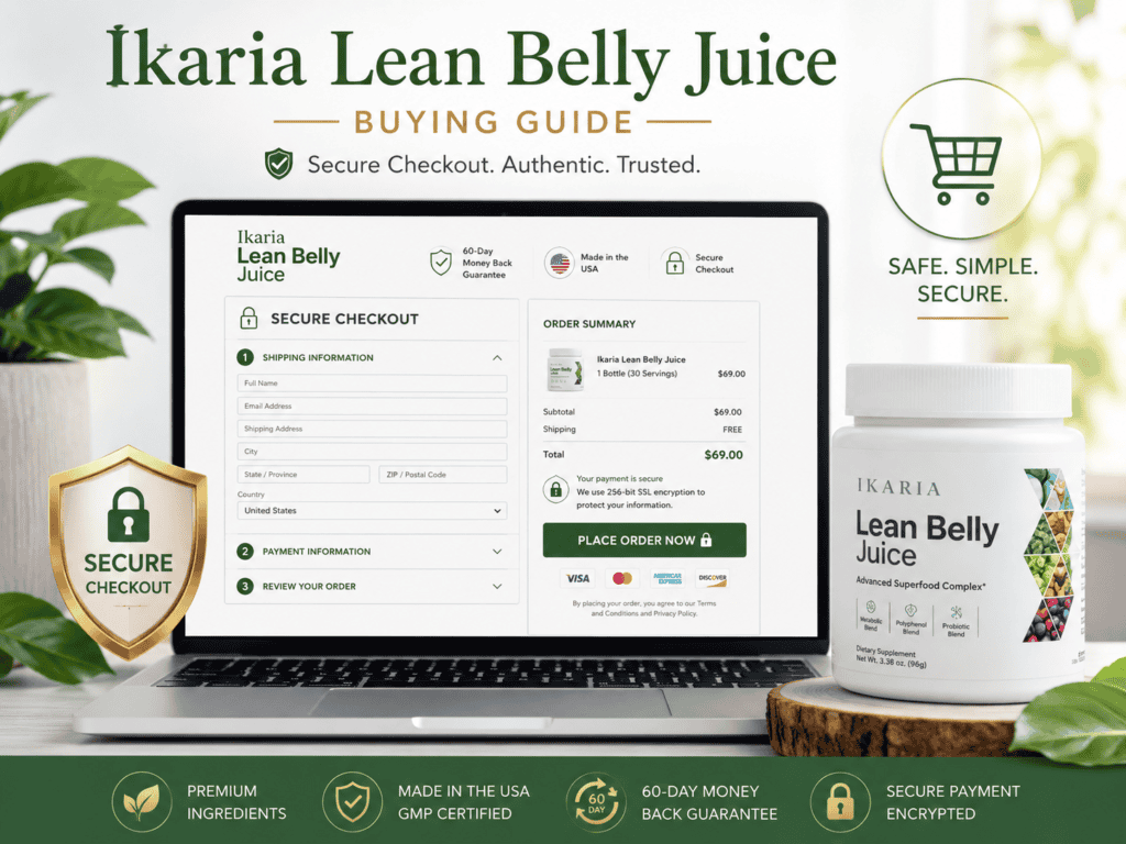 Ikaria Lean Belly Juice secure checkout image with laptop screen, supplement bottle, shopping cart icon, shield icon, and official website concept