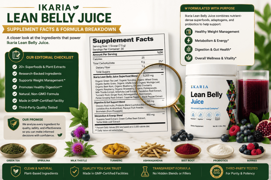 Ikaria Lean Belly Juice supplement facts and formula breakdown image with magnifying glass, checklist, ingredient bowls, supplement bottle, and green gold editorial styling