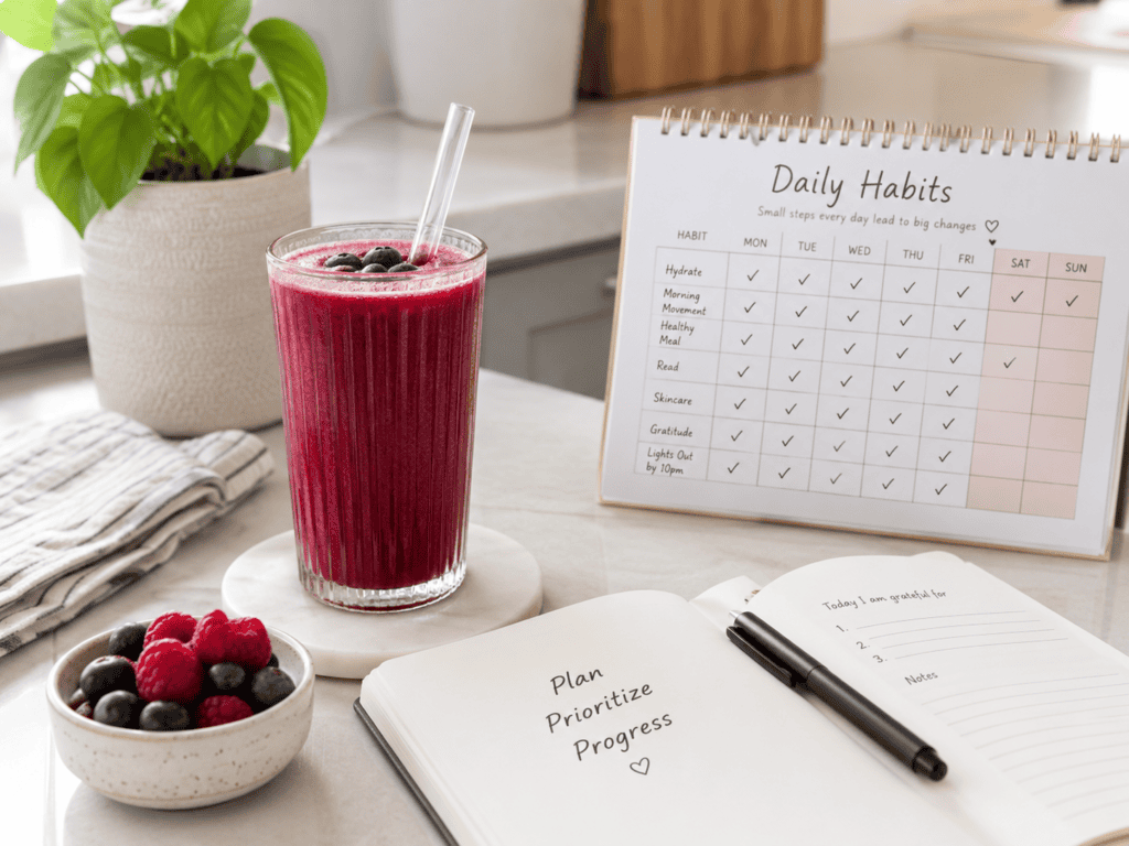 Morning beverage routine image showing a berry colored drink next to a notebook and calendar for habit tracking