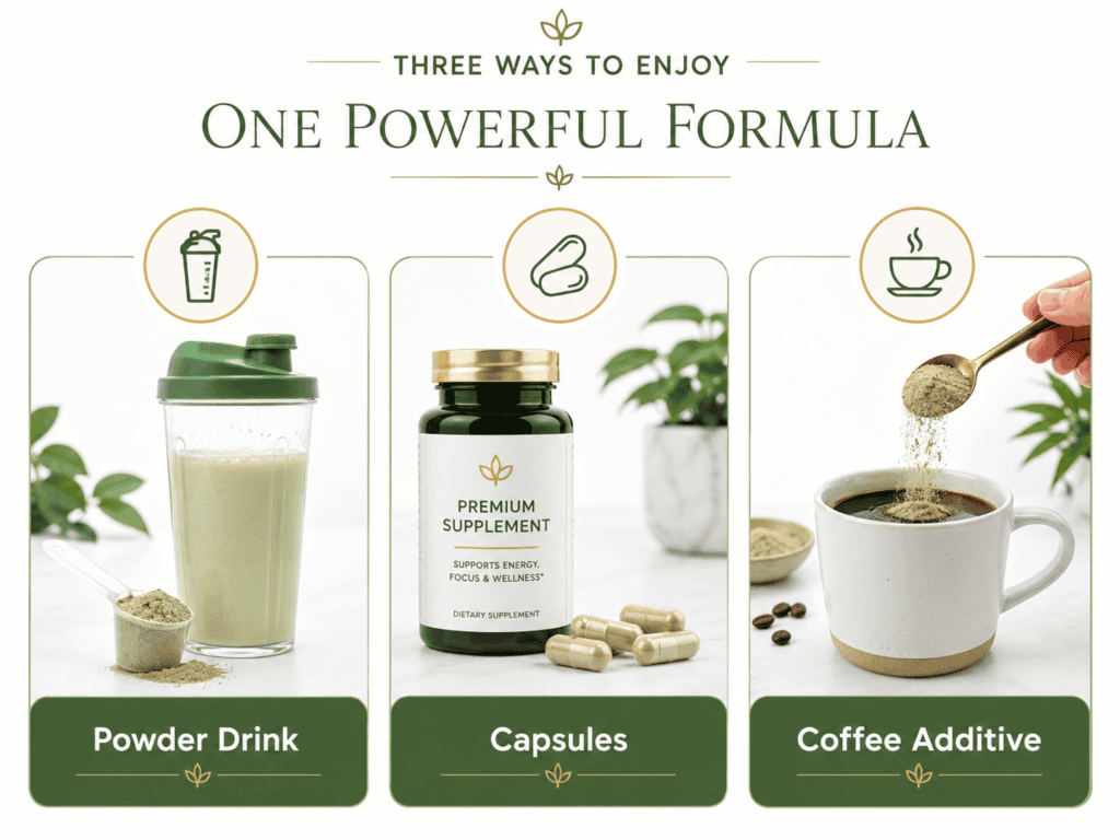 Powder vs capsule vs coffee additive image showing different supplement formats with simple icons and neutral labels