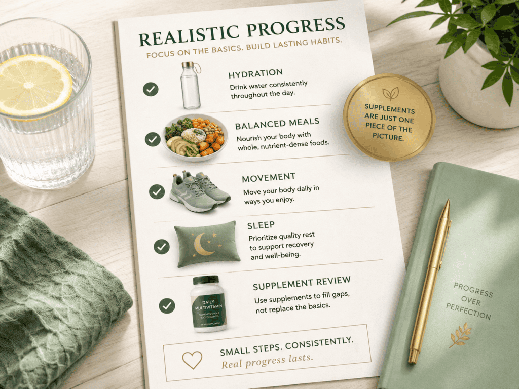 Realistic expectations image showing wellness checklist with hydration, balanced meals, movement, sleep, and supplement review