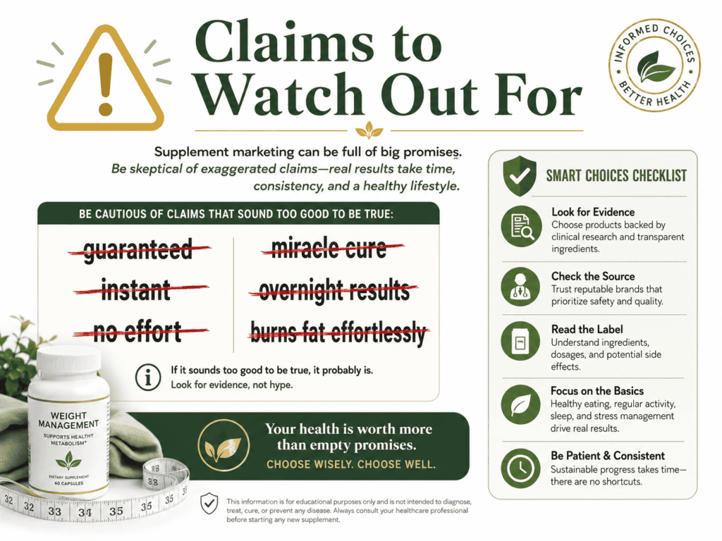 Claims to watch out for image showing warning icon, checklist, and exaggerated phrases like guaranteed, instant, and no effort crossed out