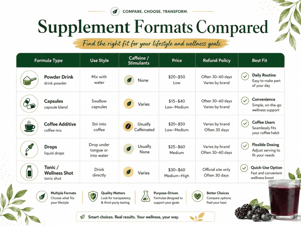 Comparison chart image showing supplement formats by formula type, use style, caffeine and stimulants, price, refund policy, and best fit