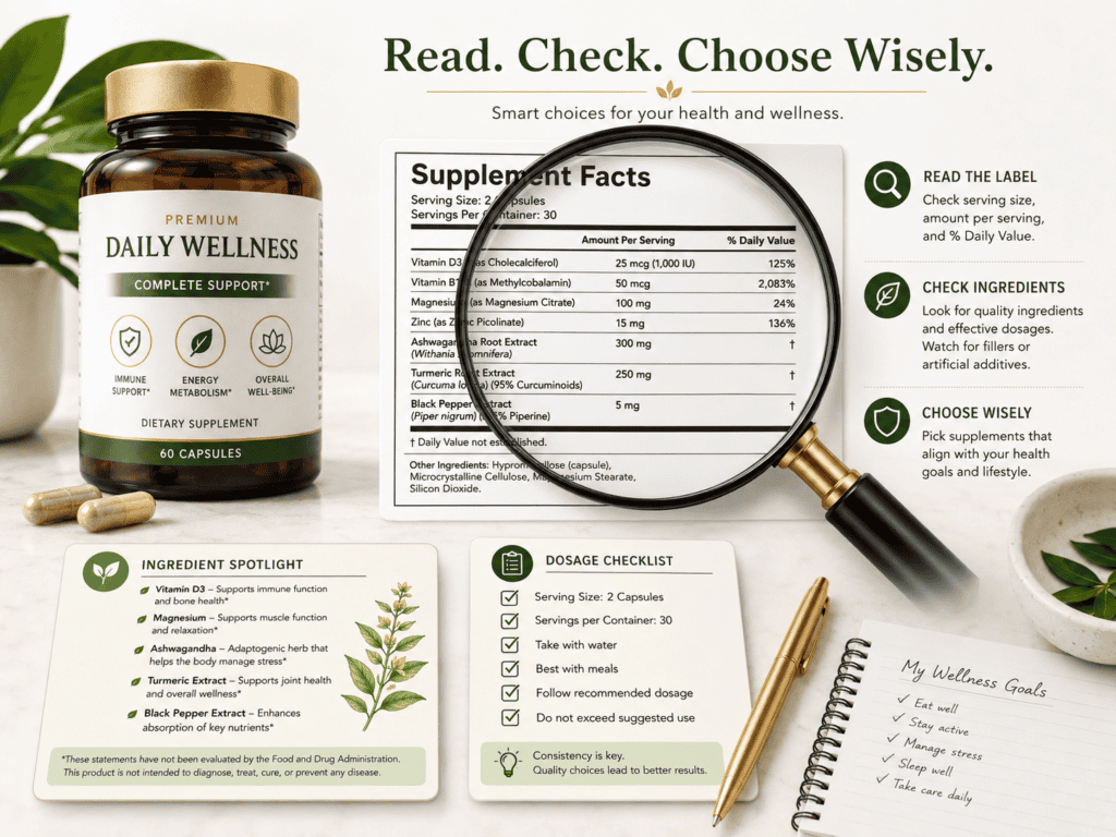 Supplement label reading image with magnifying glass, ingredient list, dosage checklist, and neutral green gold styling