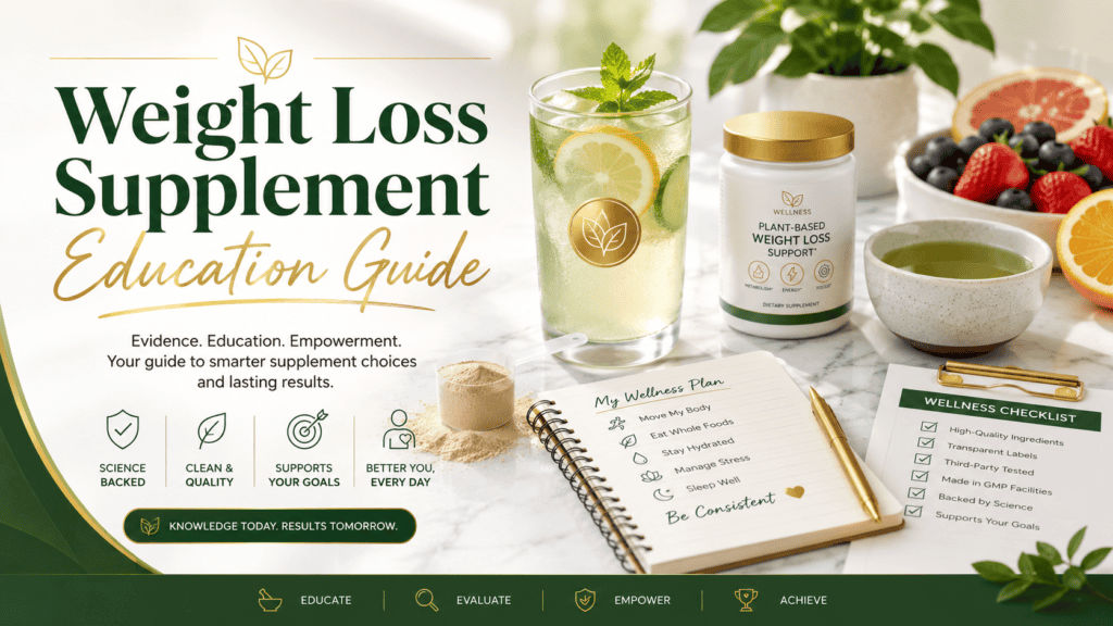 Wide hero banner for the Weight Loss Supplement Education Guide featuring healthy morning drink, supplement scoop, notebook, green tea, fruit, wellness checklist, and green gold accents