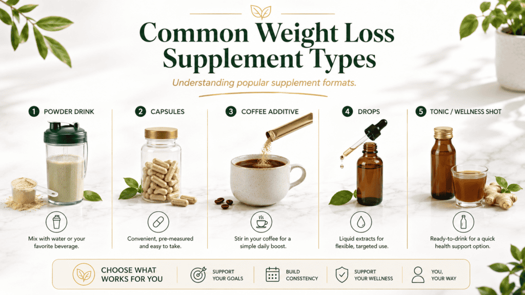 Supplement types educational graphic showing powder drink, capsules, coffee additive, drops, and tonic style supplement formats