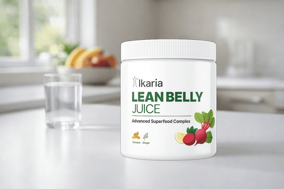 Ikaria-Belly-Juice-supplement-shown-in-a-clean-kitchen-setting