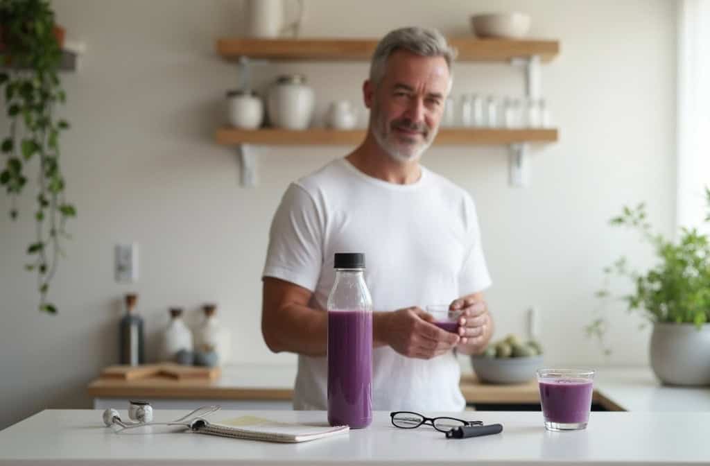 Ikaria Belly Juice drink shown as part of a daily wellness routine for men