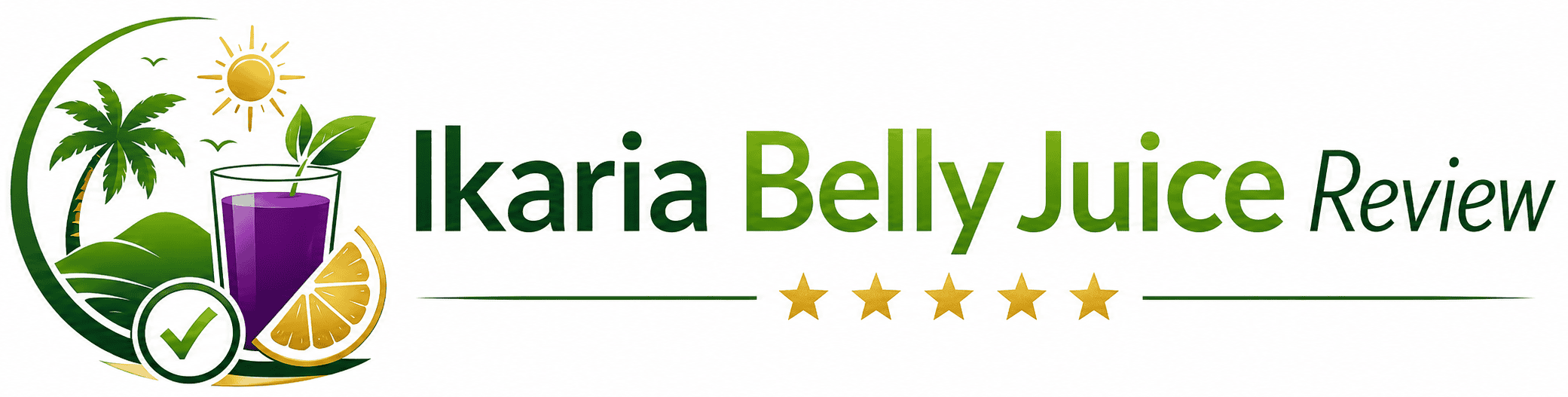 Ikaria Belly Juice Review green and gold logo with tropical island, purple juice glass, citrus slice, checkmark, and star rating